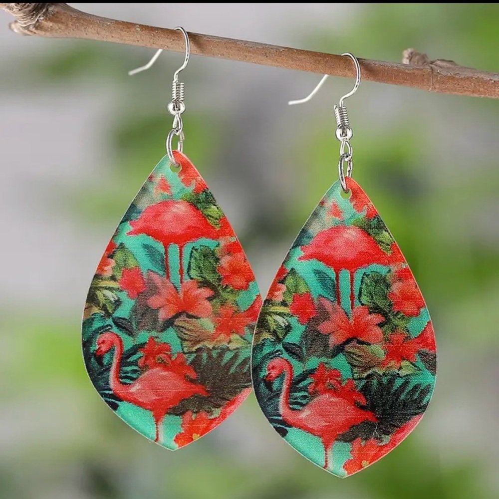 Pink Flamingos Tropical Leaves Acrylic Raindrop Shaped Earrings Hibiscus - Picture 2 of 4